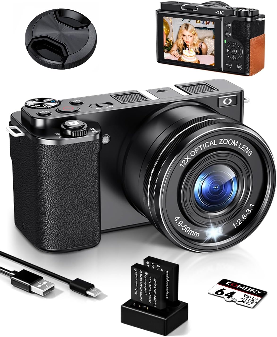 Ade Cámara digital compacta 64 MP - Sensor CMOS con zoom óptico 12x y pantalla de 2,8 pulgadas - Vídeo 4K con WiFi HDMI y estabilización digital - Negra con tarjeta de 64 GB y 2 baterías