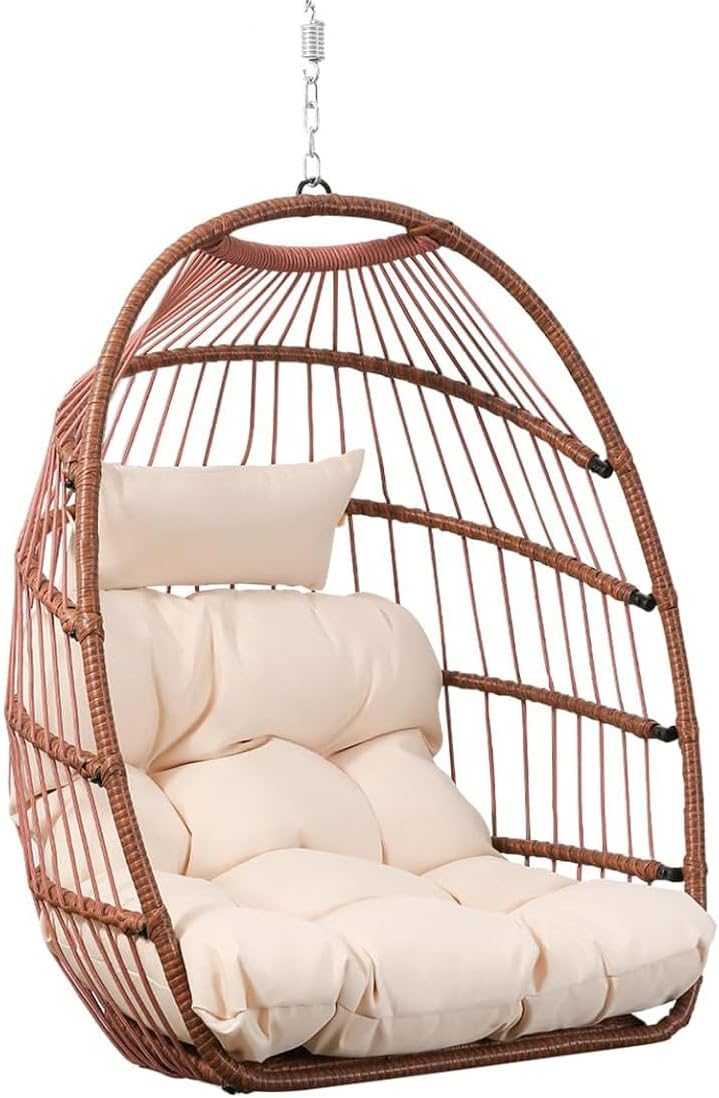 Silla Colgante Huevo de Metal con Cojín Marrón Rojizo - Sillón Columpio Plegable para Interior y Exterior - Asiento Relax de Jardín Patio y Terraza