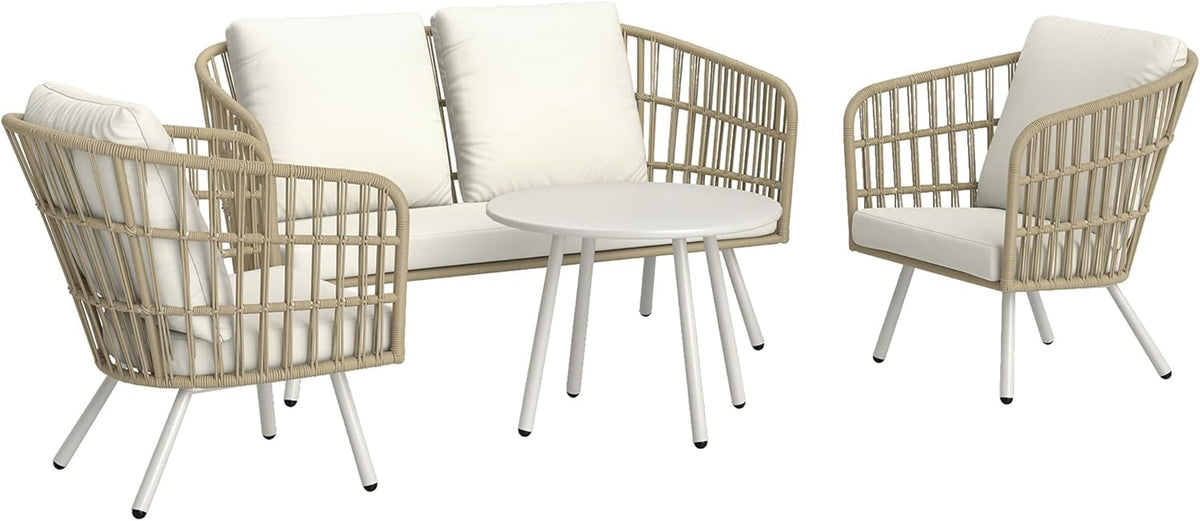 Outsunny Conjunto de jardín 4 piezas - Ratán sintético con sofá de 2 plazas 2 sillones y mesa de centro de metal - Cojines incluidos para terraza - Natural y crema de estilo moderno