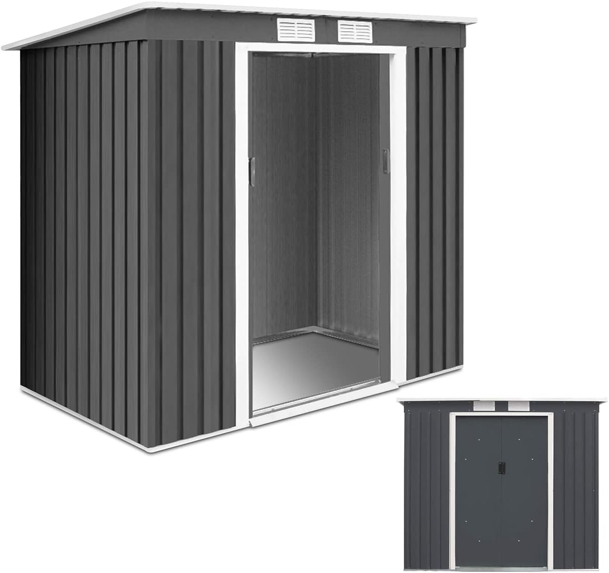 RELAX4LIFE Cobertizo Metálico de Jardín con Puerta Corredera 213 x 130 x 173 cm - Caseta Exterior con Techo Inclinado - Almacenamiento Gris Oscuro