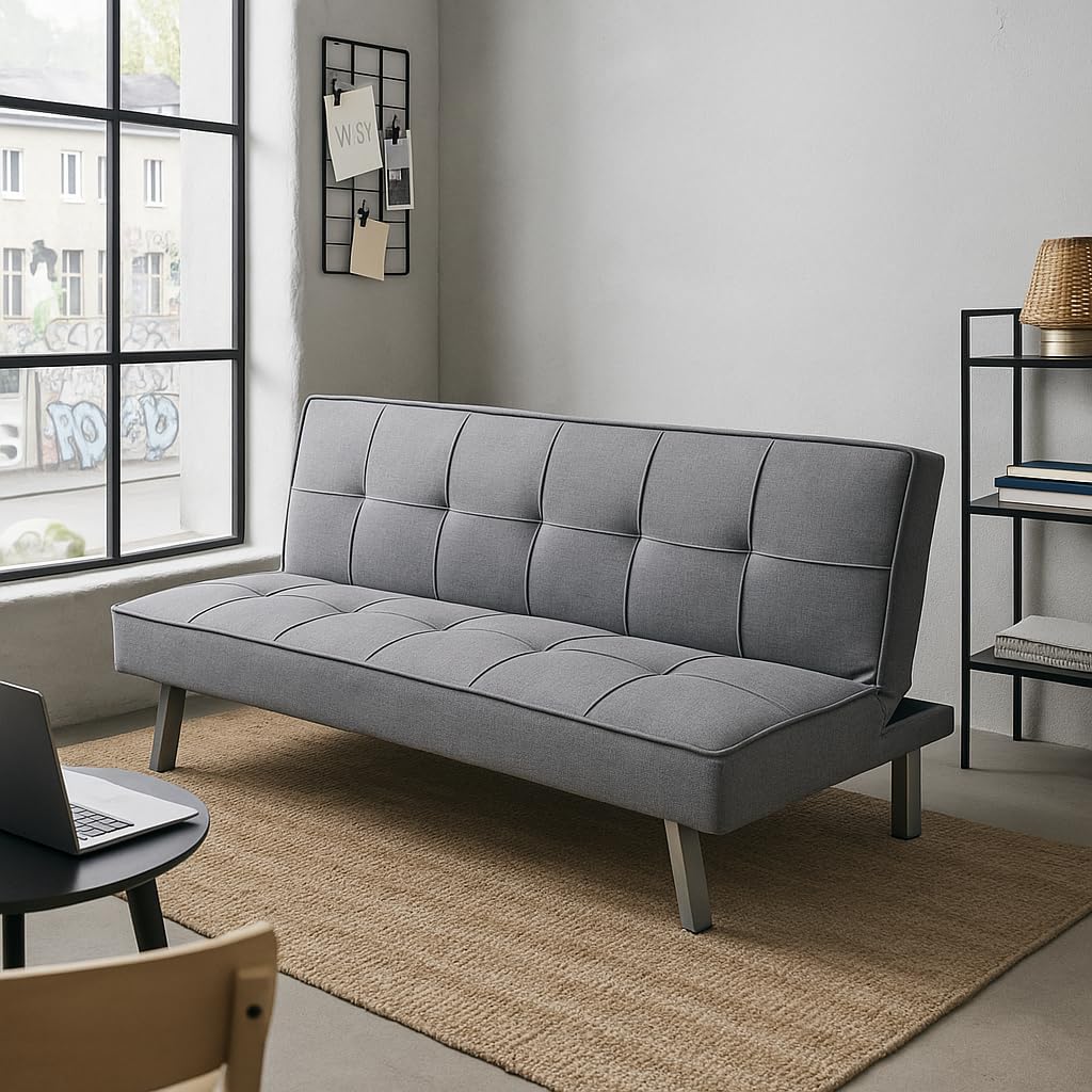 Homely KOHTAO sofá cama 3 plazas - Tapizado en tela gris con acolchado - Apertura clic clac y diseño convertible - 176 x 75 x 77 cm para salón y habitación