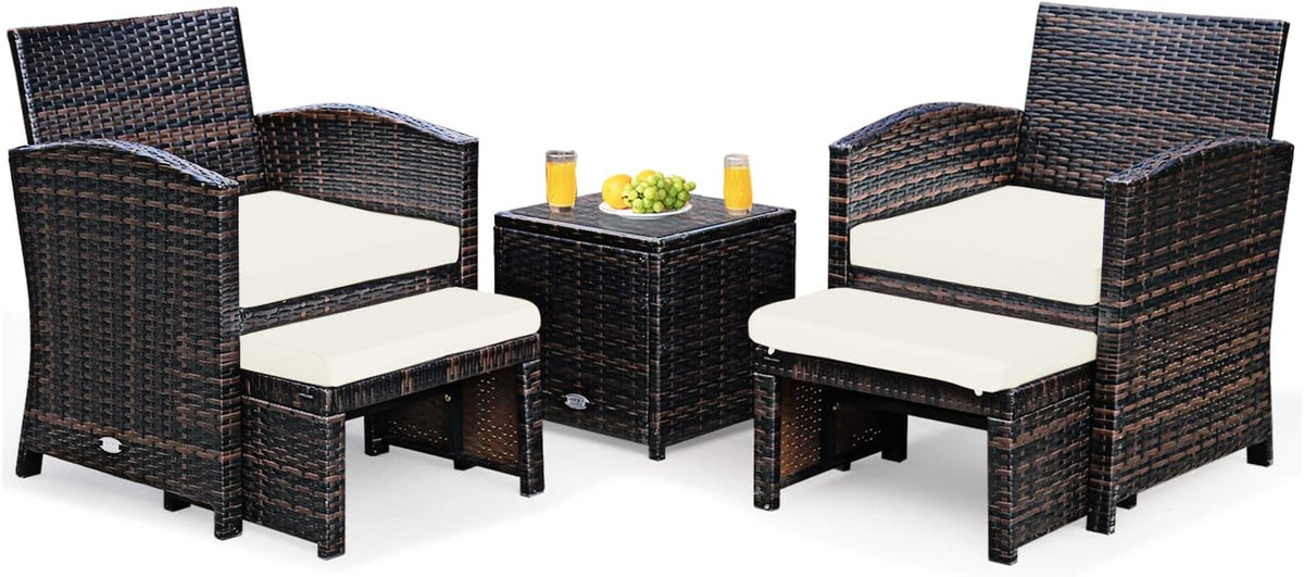 GOPLUS conjunto de jardín de polirratán 5 piezas - Asientos con otomano - Mesa auxiliar - Para balcón y terraza blanco