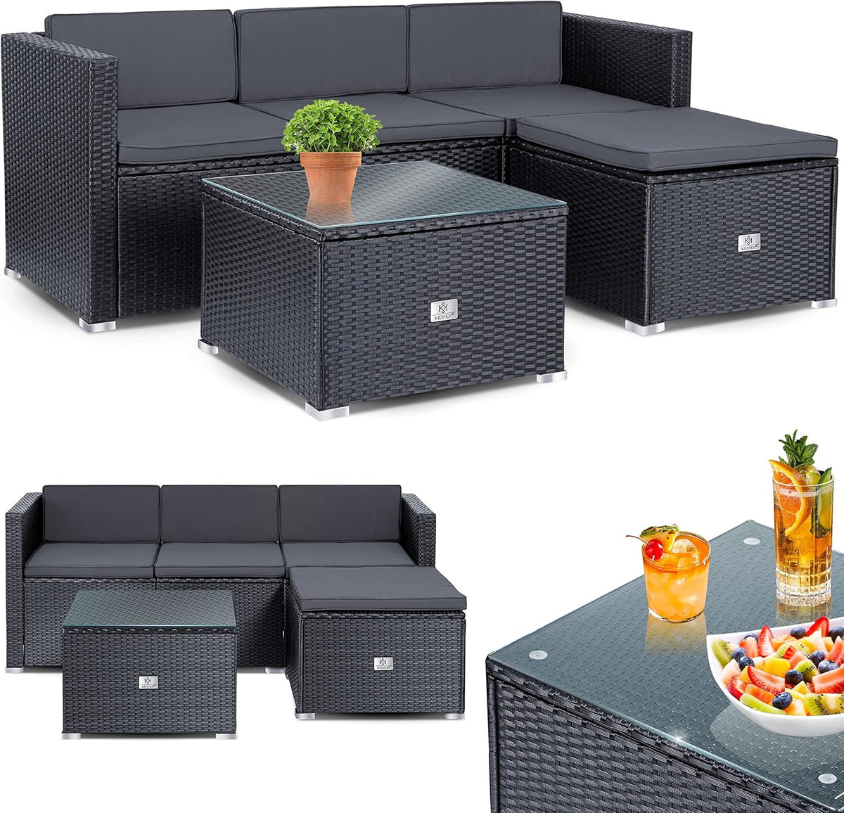 KESSER Aruba conjunto de jardín de poliratán - Para 3 a 4 personas - Sofá sillón taburete y mesa auxiliar - Cojines de asiento antracita