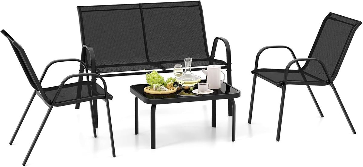 FANTASK Conjunto de jardín 4 piezas - 2 sillas banco y mesa para 4 personas - Muebles de exterior para balcón terraza y jardín - Negro con diseño compacto y montaje requerido