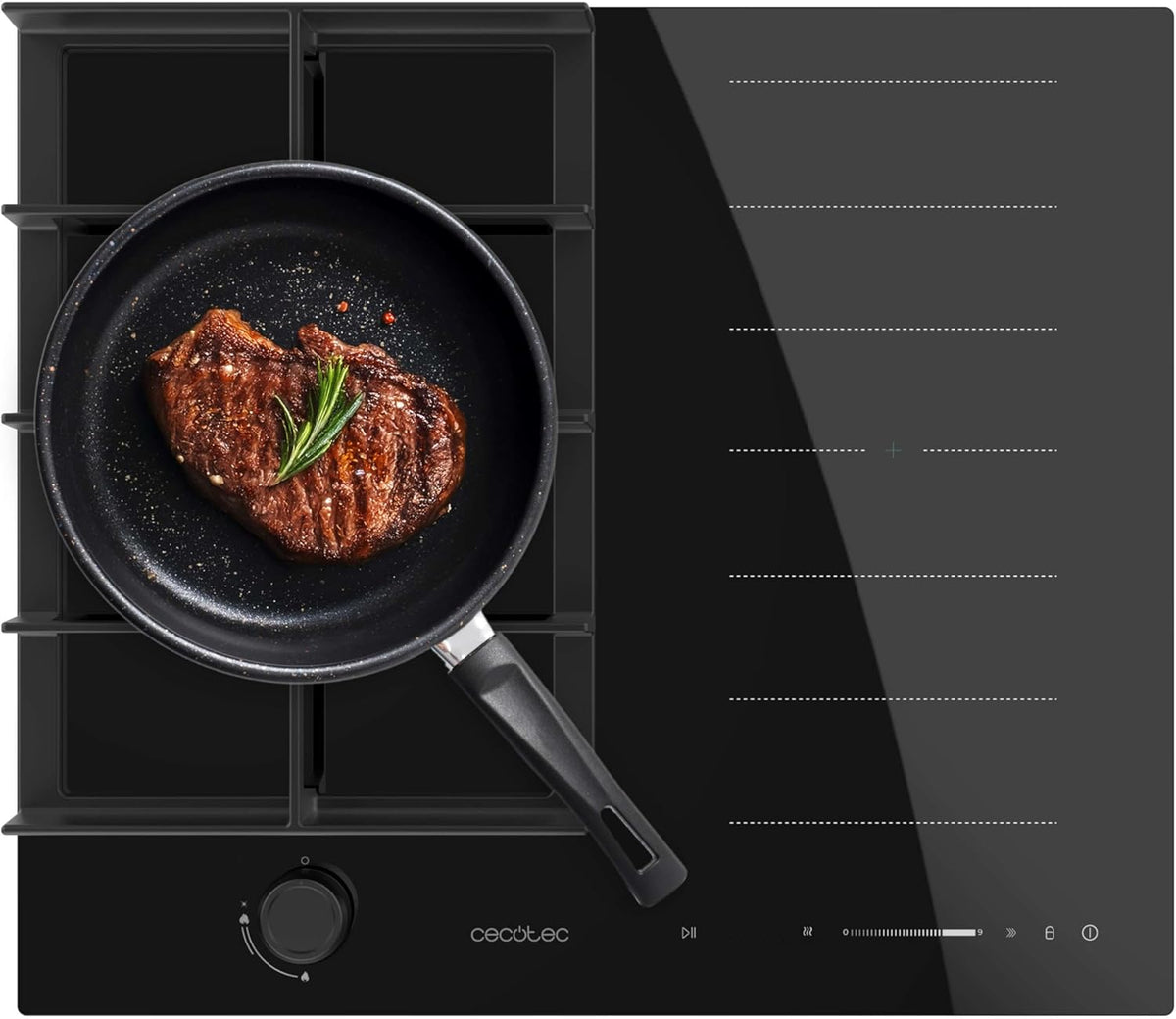 Cecotec Bolero Squad GI 3500 Hybrid FullFlex - Placa híbrida de gas e inducción - Zona FullFlex de 3400 W y quemador Wok - Nueve niveles con Booster y Keep Warm