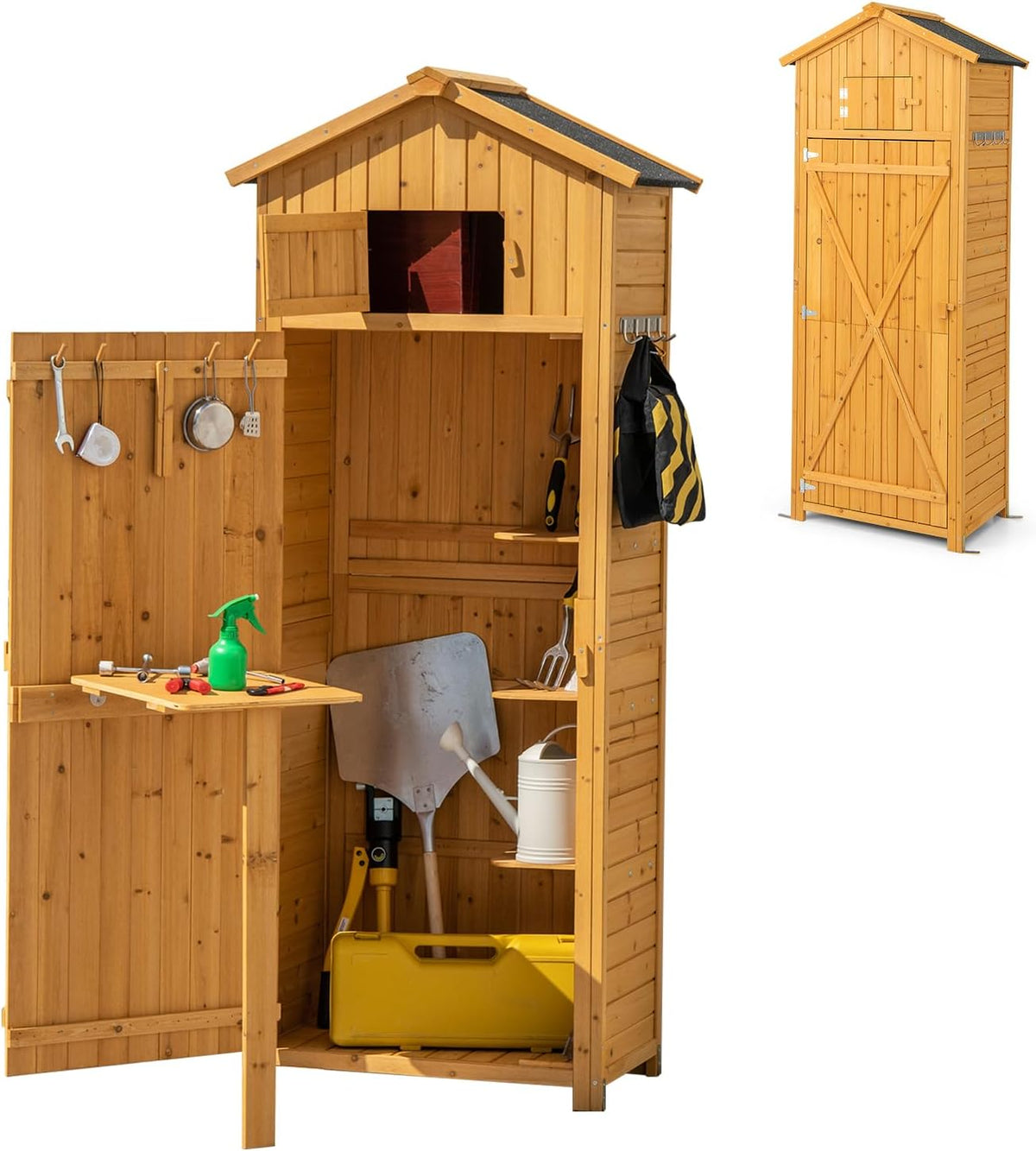 KOMFOTTEU - Cobertizo de madera 75 x 50 x 180,5 cm - Techo a dos aguas y mesa plegable - Armario resistente al agua color natural
