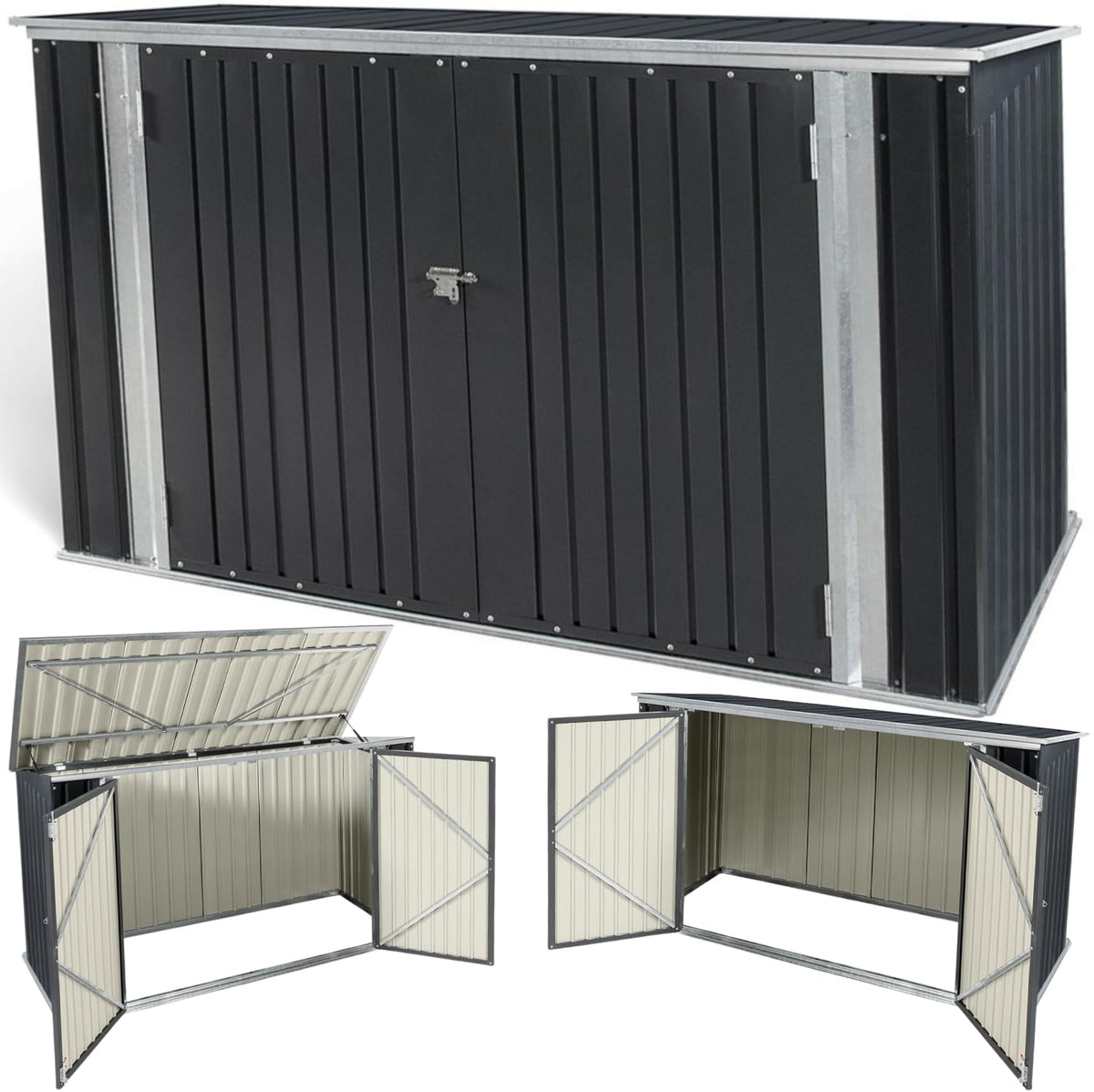 TERRE JARDIN Cobertizo metálico para bicicletas - 210 x 105 x 130 cm de acero galvanizado - Techo abatible y doble puerta - Pestillo y almacenamiento exterior gris oscuro