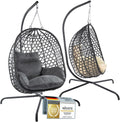 Silla colgante huevo - Ratán y metal para 1 persona - Capacidad hasta 120 kg - Tumbona suspendida gris para jardín terraza y lectura