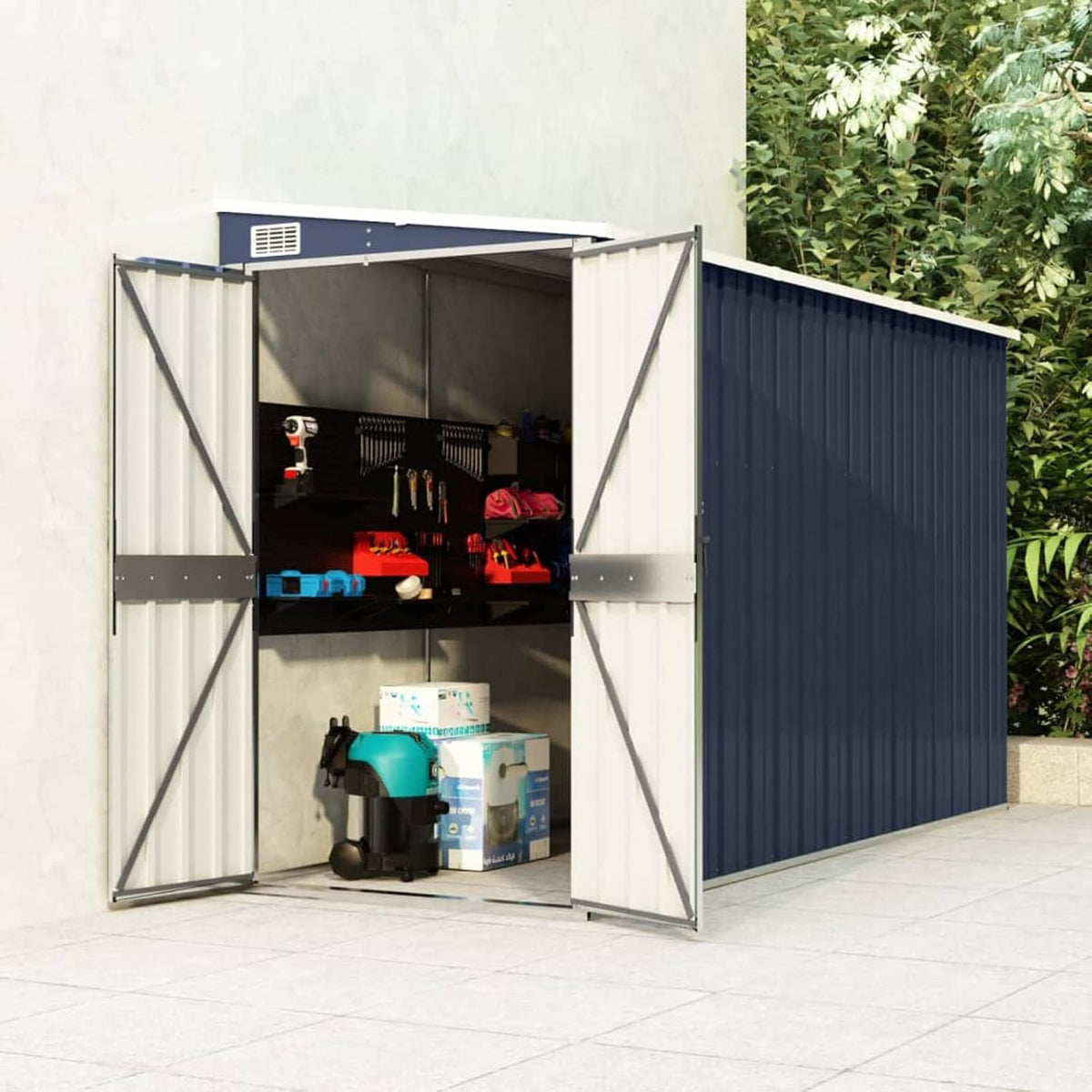 Caseta de jardín metálica turquesa - Cobertizo exterior de acero para herramientas - Puertas con bisagras y cerradura - Almacenamiento resistente al agua
