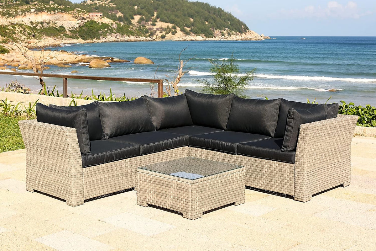 Chesterton Luxury conjunto de jardín de ratán 5 plazas - Cojines incluidos - Medidas 230 x 146 x 67 cm - Muebles de exterior negro
