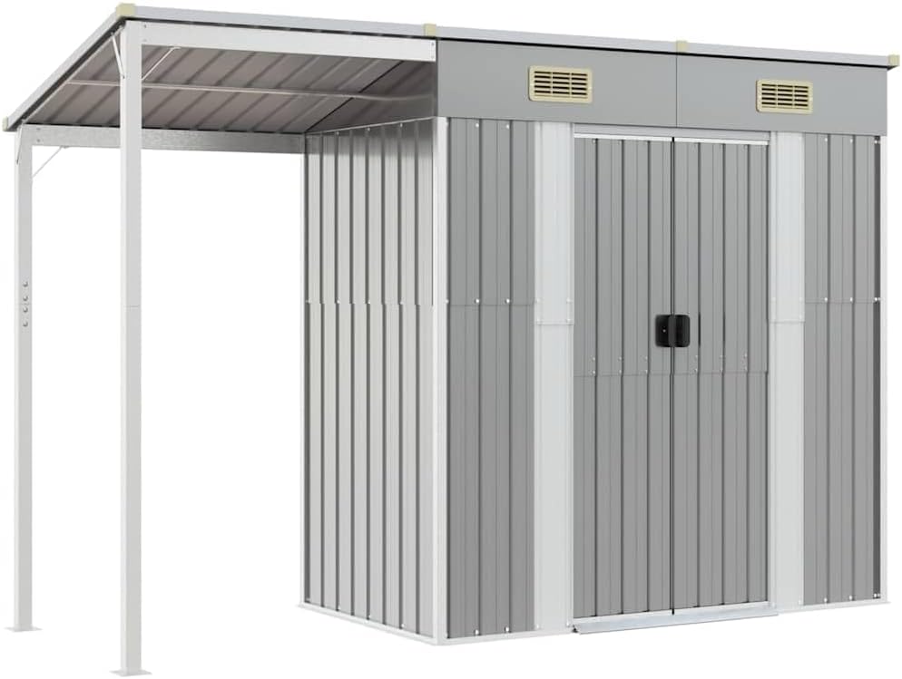 vidaXL Caseta de Jardín de Acero con Techo Extensible Gris Claro - Cobertizo Exterior 277 x 107 x 181 cm - Almacenamiento Moderno
