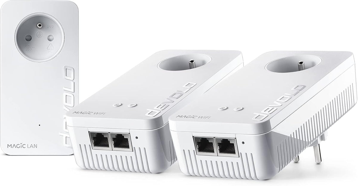 Kit PLC devolo Magic 2 WiFi 6 - conjunto de 3 adaptadores Mesh hasta 2400 Mbps - 5 puertos Gigabit Ethernet - enchufe integrado francés para teletrabajo y streaming