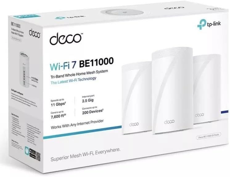TP-Link Deco BE11000 sistema Mesh WiFi 7 - Red tribanda Multi Gig para uso profesional - Pack de tres routers blancos - Conexión WiFi y Ethernet con función WPS