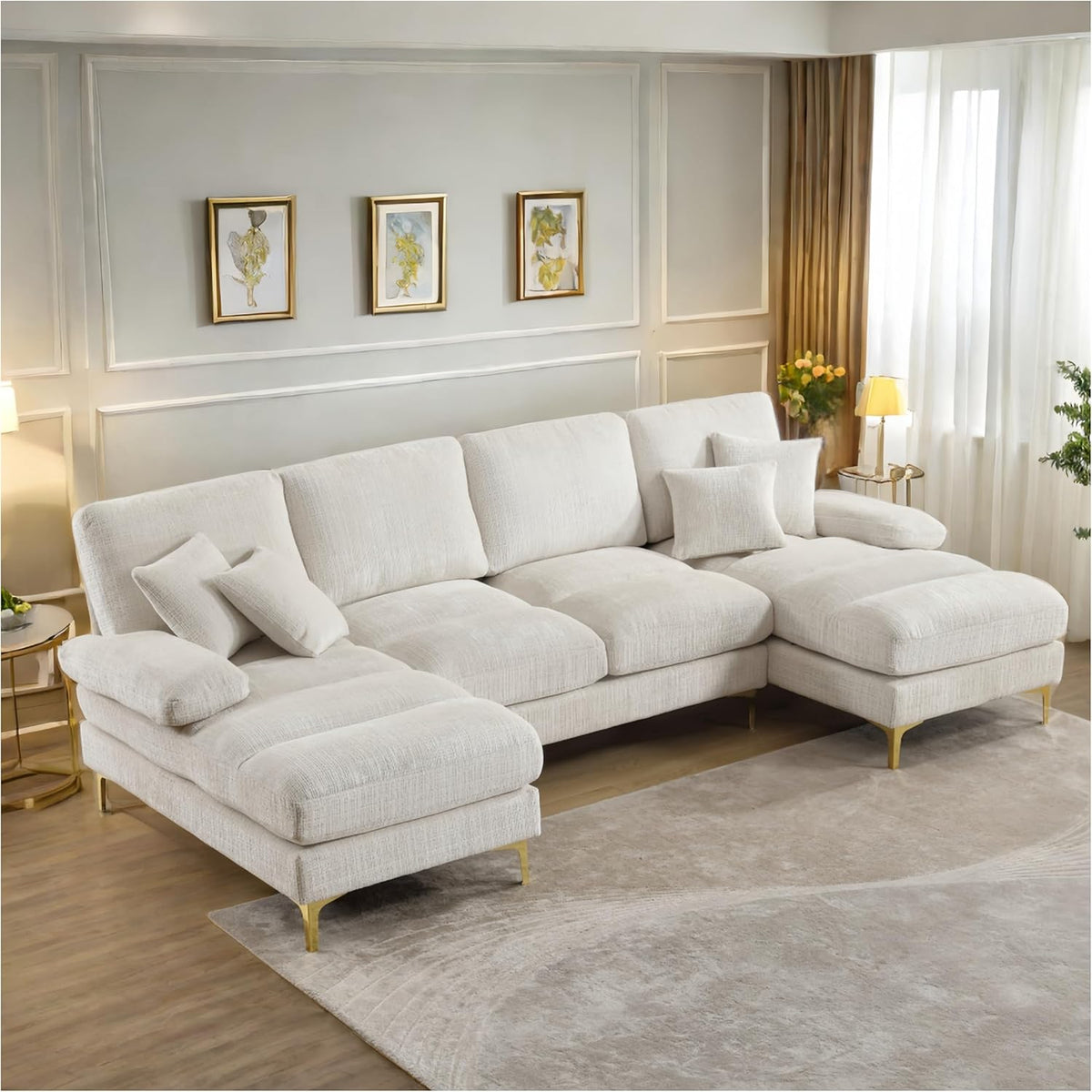 Sofá seccional 4 plazas en U - Chenilla con asientos dobles reclinables y diseño moderno - 272 x 136 x 88 cm - Beige para salón y dormitorio con carga de 250 kg