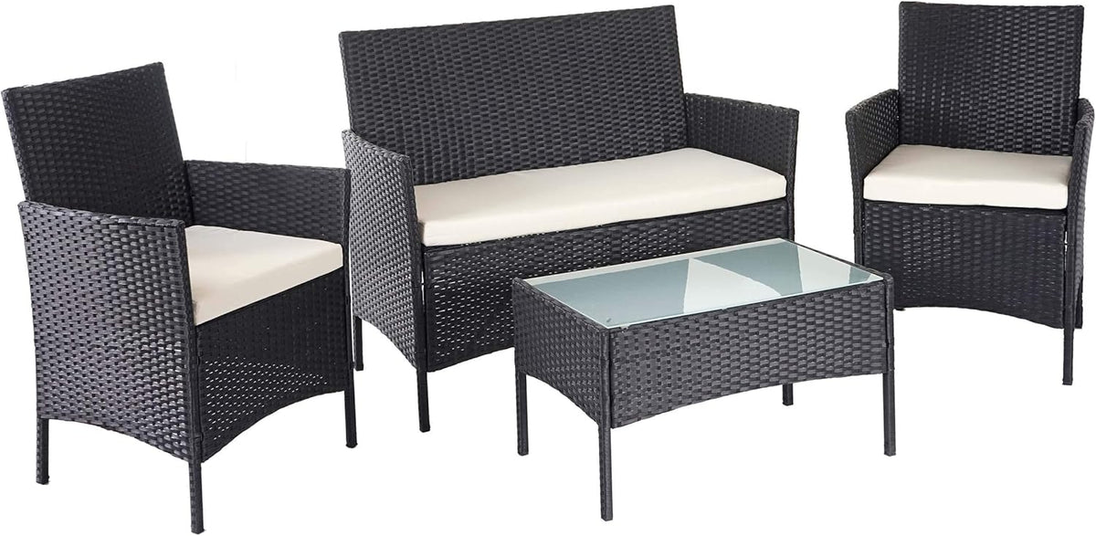 HWC-D82 conjunto de jardín de polirratán - Cojines crema - Medidas 84 x 106 x 52 cm - Muebles de salón exterior negro