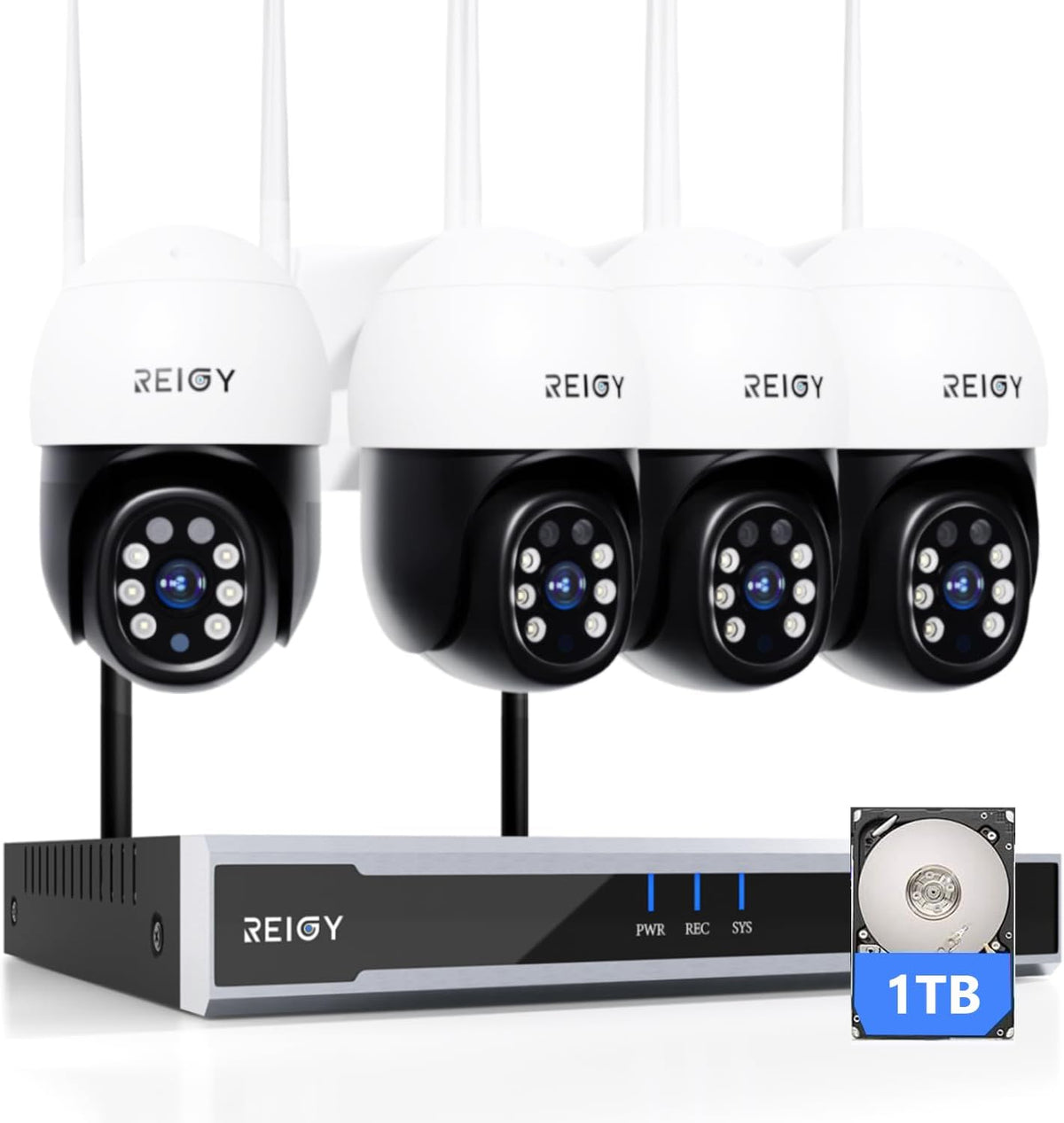 REIGY kit de cuatro cámaras PT 5 MP - NVR de 16 canales con disco duro de 1 TB - Visión nocturna en color - Detección de movimiento y audio bidireccional