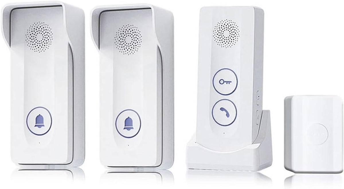 Timbre inalámbrico OPTEPYOE 2 en 1 - alcance de hasta 800 metros y frecuencia de 433 MHz - intercomunicador bidireccional - función de desbloqueo en color blanco