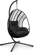 Swoods XXL Silla Colgante de Jardín Negra y Gris - Sillón Huevo con Base para Interior y Exterior - Ratán con Cojín y Funda Protectora