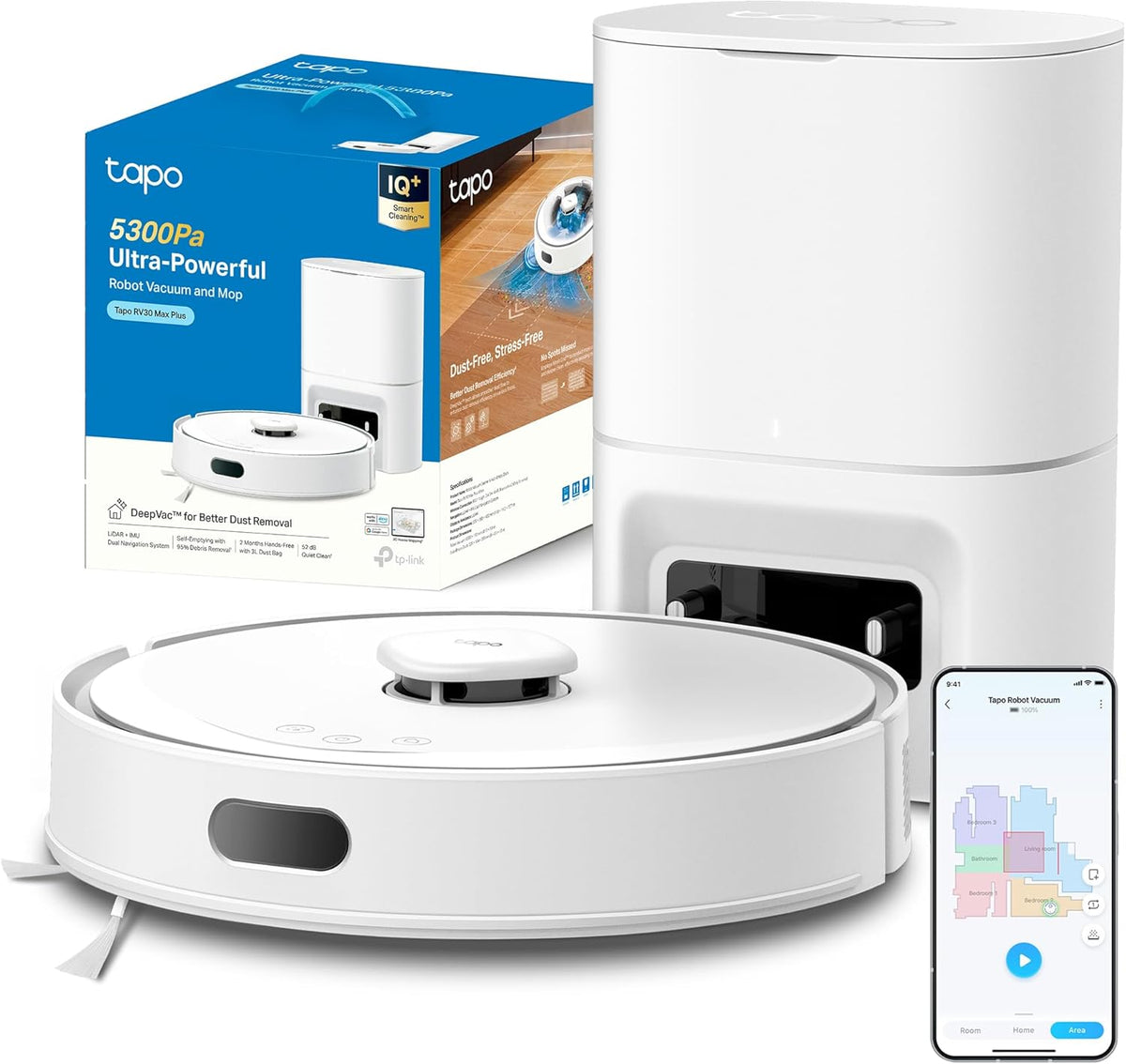 Tapo RV30 MAX Plus Robot Aspirador 5300Pa Blanco - Navegación Láser LiDAR - Base Autovaciado Limpieza 4 en 1 con App y Control Voz