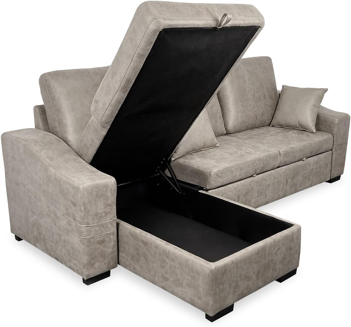 amuéblate online Nara Sofá cama 3 plazas - Chaise longue reversible con arcón y cojines decorativos - 253 x 154 x 100 cm - Gris de cuero sintético con diseño moderno
