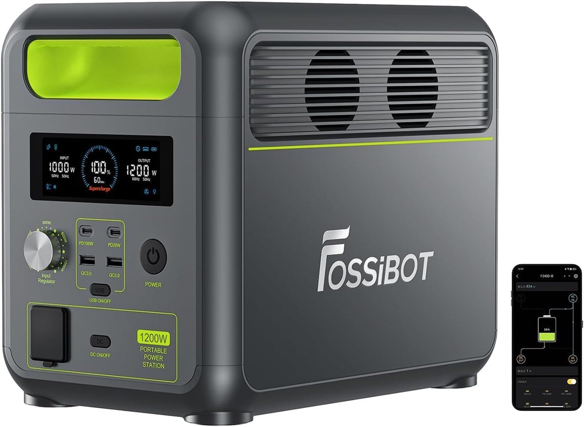 FOSSiBOT F1200 Estación de energía portátil - Batería LiFePO4 de 1024 Wh y salida de 1200 W - Power Lifting 2400 W USB C 100 W y carga rápida - Verde para camping hogar y autocaravana
