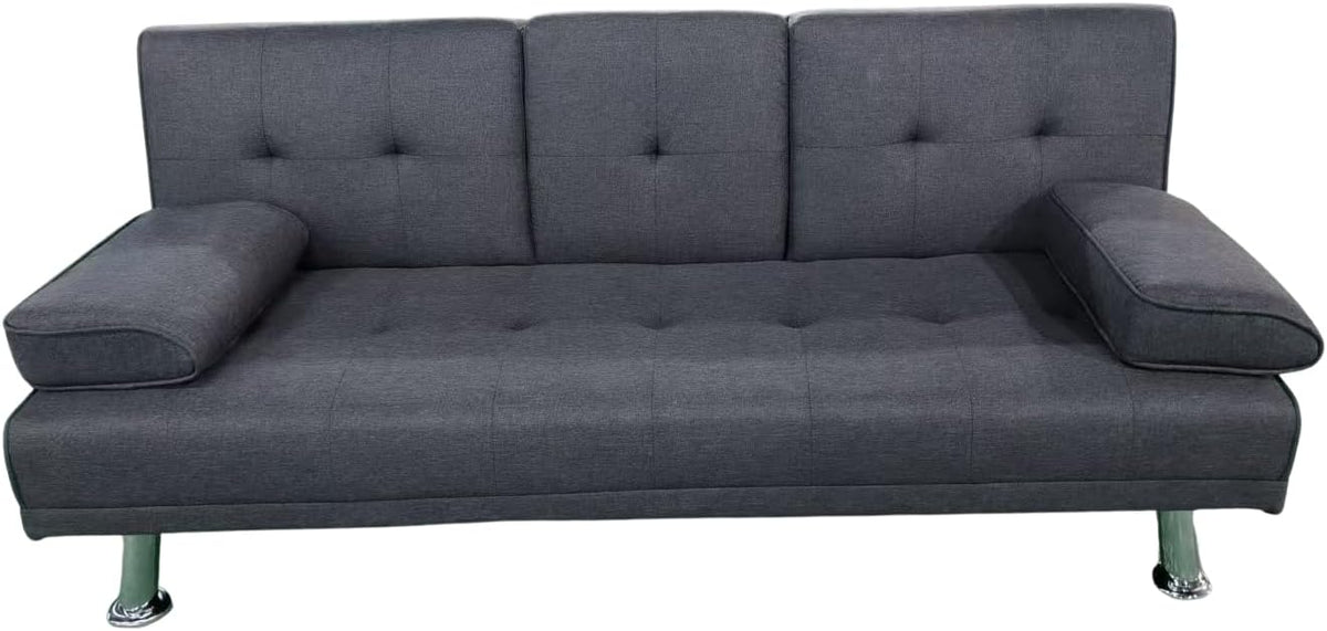 Sofá cama Canos 3 plazas - Tapizado en tela sintética gris - Apertura clic clac con mesa abatible - Diseño convertible para salón y zona de descanso