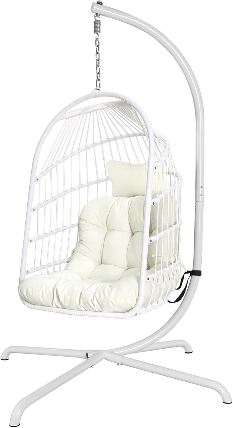 Chihee Silla huevo colgante con soporte - Hierro y plástico blanco para 1 persona - Plegable con capacidad hasta 150 kg - Sillón hamaca para balcón jardín dormitorio