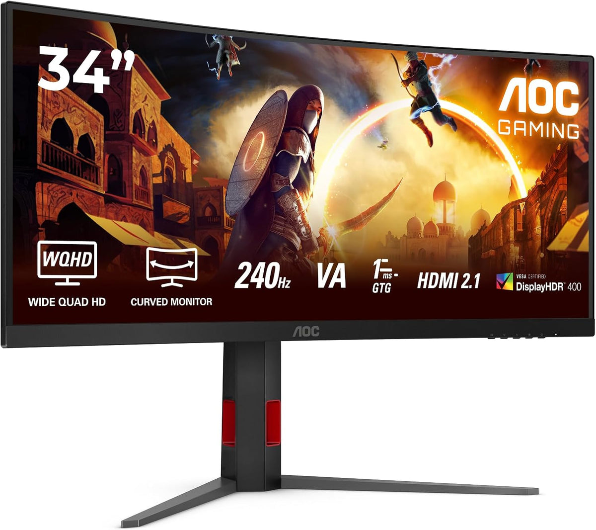 AOC CU34G4Z monitor gaming curvo - Pantalla WQHD de 34 pulgadas y 240 Hz - Panel Fast VA con HDR400 y respuesta de 1 ms - HDMI 2.1 DisplayPort y USB Hub