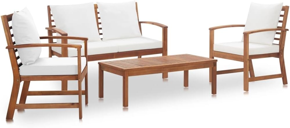 vidaXL Conjunto de jardín 4 piezas - Madera maciza de acacia con cojines para exterior - Mobiliario para patio terraza y balcón - Crema de estilo tropical
