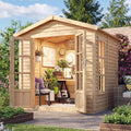 Timbela M351FB Caseta de madera para jardín - Pino 222 x 222 x 233 cm con suelo - Tejas bituminosas grises y ventana - Doble puerta para oficina taller o estudio