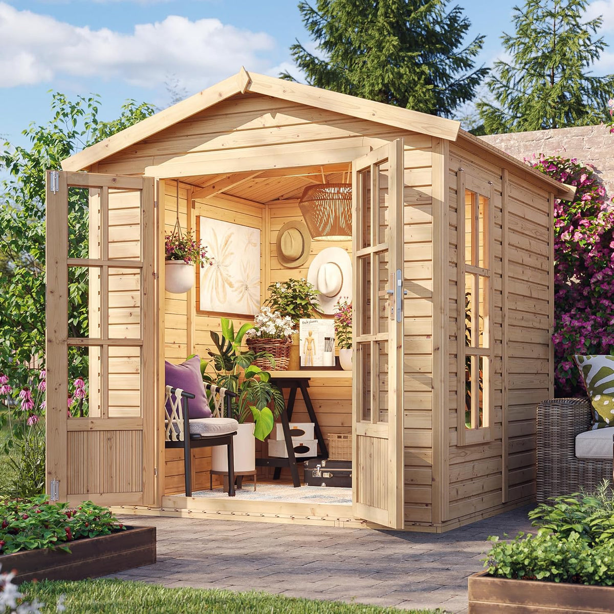 Timbela M351FB Caseta de madera para jardín - Pino 222 x 222 x 233 cm con suelo - Tejas bituminosas grises y ventana - Doble puerta para oficina taller o estudio