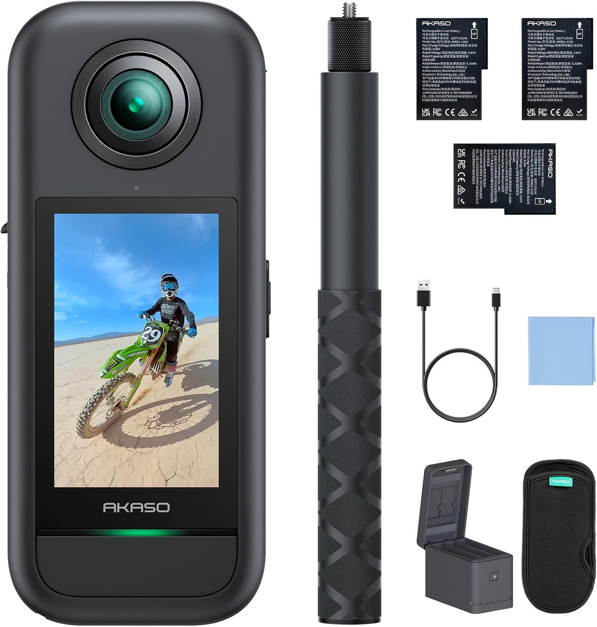 AKASO 360 cámara de acción Kit de Creador - Vídeo 5,7K 360 y fotos de 72 MP - Pantalla táctil de 2,29 pulgadas y WiFi - Palo selfie invisible y formato MP4