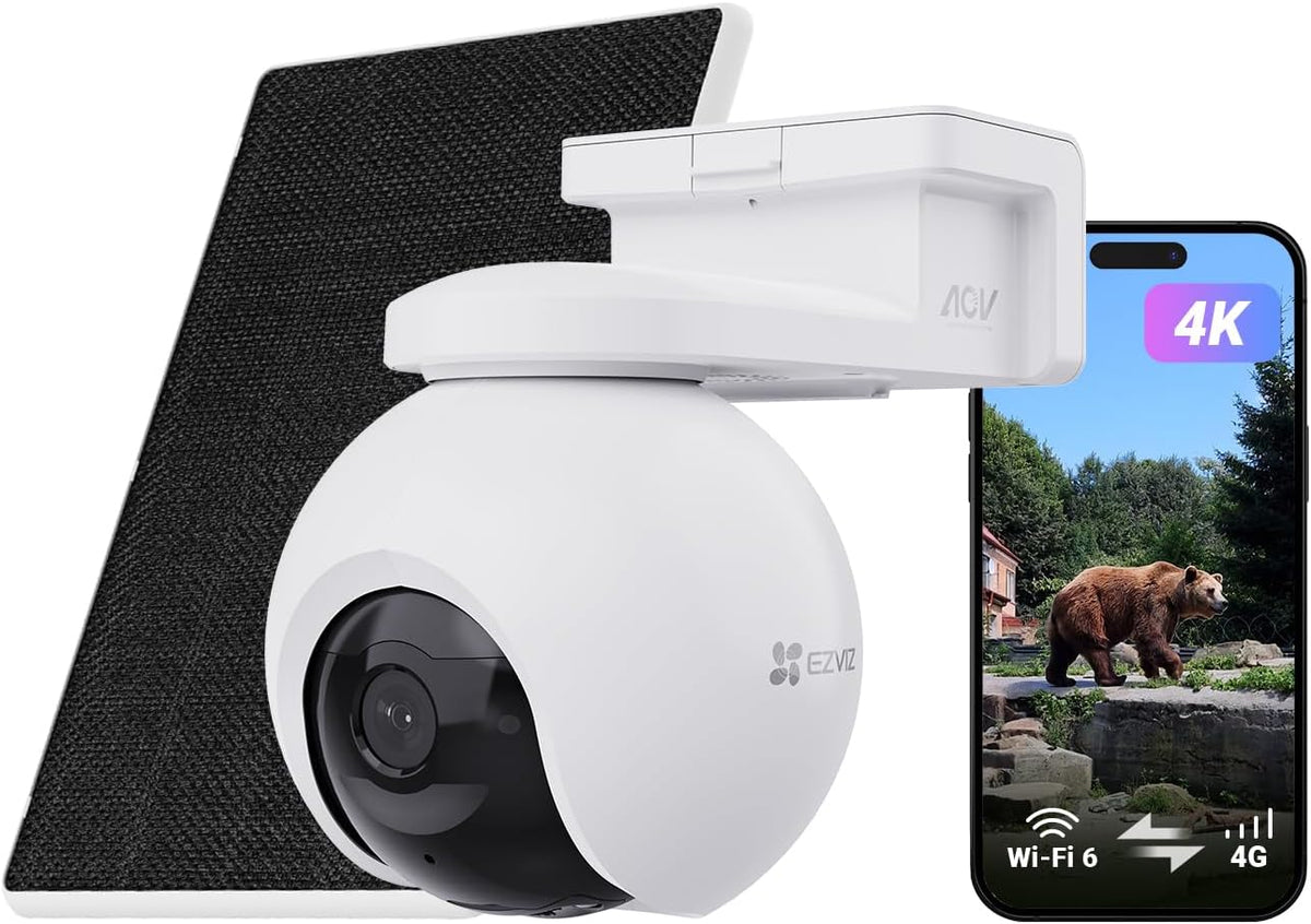 Cámara solar EZVIZ EB8 Pro 4G - vídeo 4K y cobertura PTZ de 360 grados - seguimiento con zoom y detección inteligente - conexión 4G y panel solar de 8 W