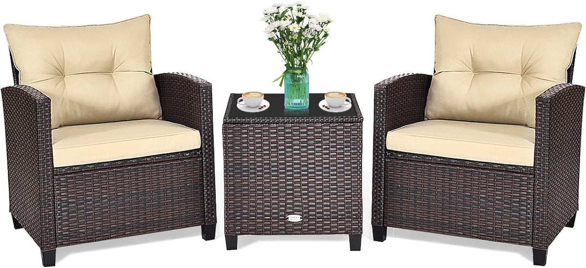 GIANTEX conjunto de muebles de jardín de ratán 3 piezas - 2 sillones con cojines - Mesa con panel de vidrio - Para terraza jardín y patio marrón oscuro