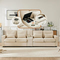 Sofá moderno 4 plazas de lino - Asiento profundo de 83 cm y 4 cojines - Portavasos bolsillos y 2 puertos USB con cable - Beige 290 x 83 x 88 cm hasta 600 kg