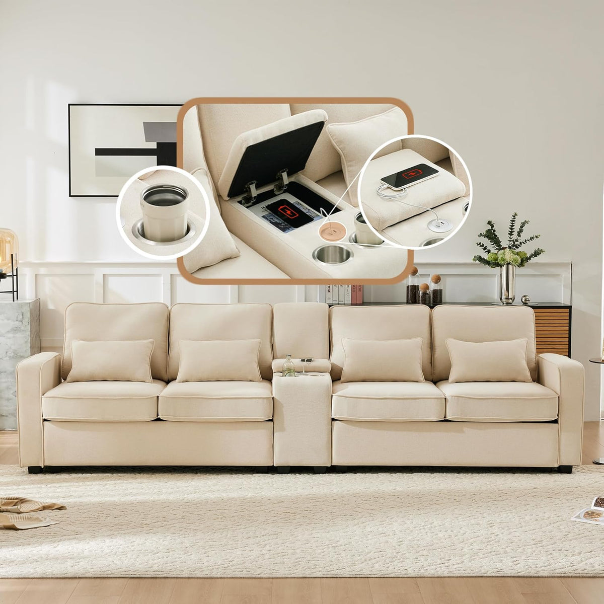 Sofá moderno 4 plazas de lino - Asiento profundo de 83 cm y 4 cojines - Portavasos bolsillos y 2 puertos USB con cable - Beige 290 x 83 x 88 cm hasta 600 kg