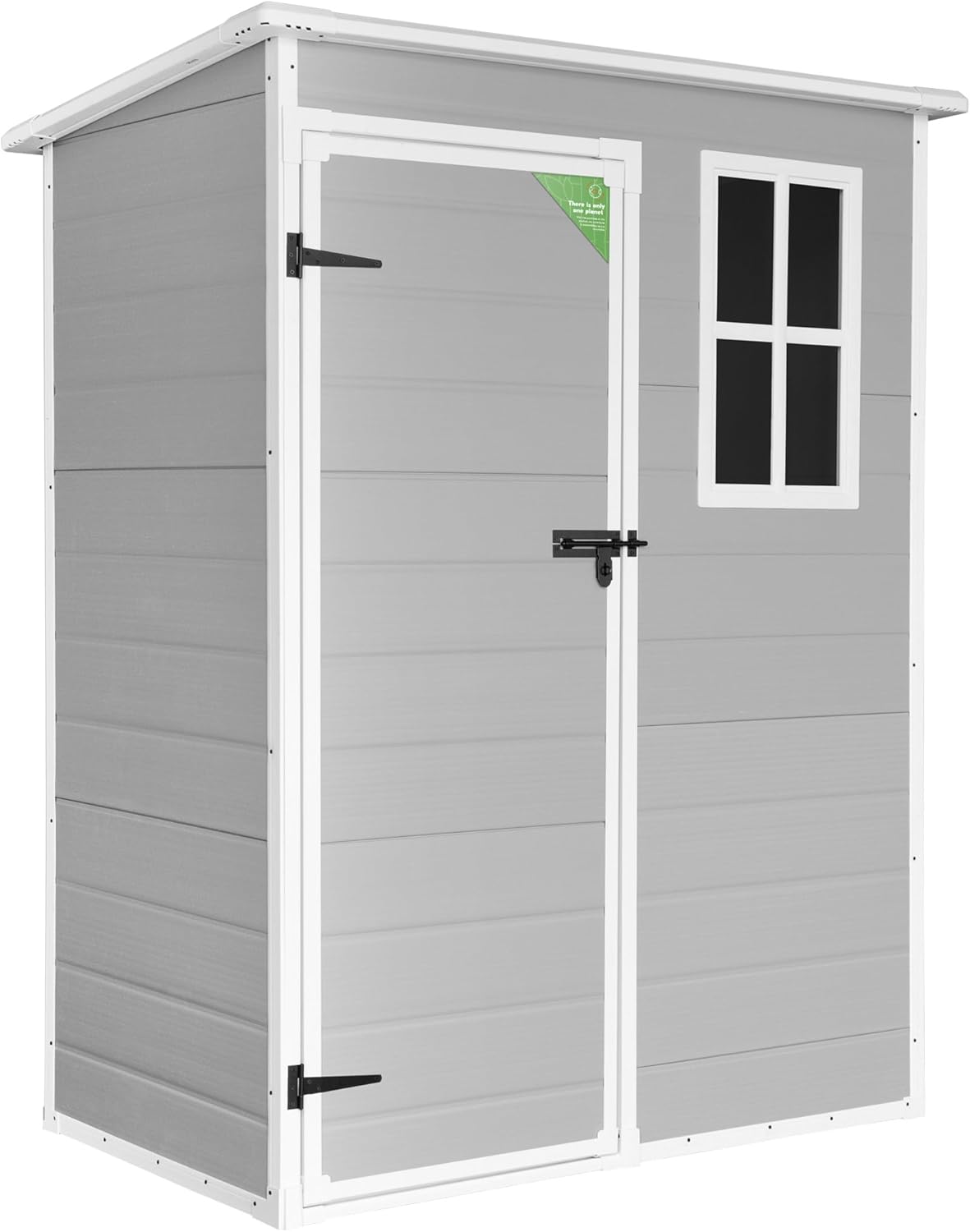 Wasabi Unit 1.4 - Caseta de jardín de resina 152 x 91 x 194 cm - Suelo incluido y ventana de luz natural - Paneles 12 mm gris blanco techo plano