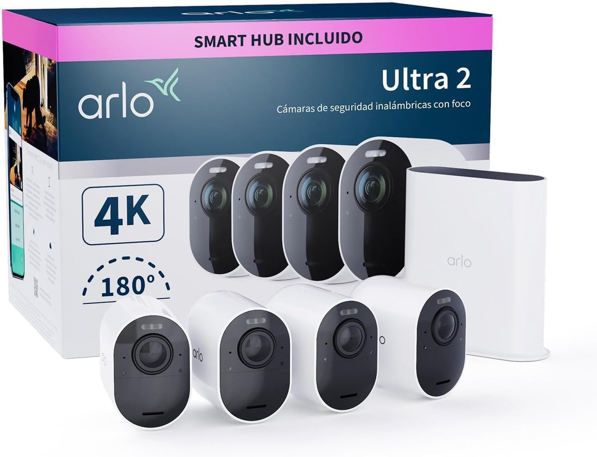 Sistema Arlo Ultra 2 - conjunto de 4 cámaras WiFi exteriores 4K - visión nocturna en color y sensor de movimiento - batería y control con Amazon Alexa
