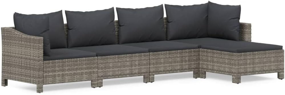 vidaXL Conjunto de jardín 5 piezas - Ratán sintético con cojines para salón exterior - Configuración modular para terraza jardín y patio - Gris moderno con peso de 34,2 kg