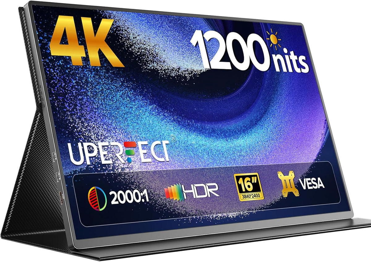 Monitor portátil UPERFECT de 16 pulgadas - pantalla LCD 4K 3840 x 2400 y 1200 nits - respuesta de 1 ms y FreeSync - USB C HDMI funda VESA y diseño ultrafino