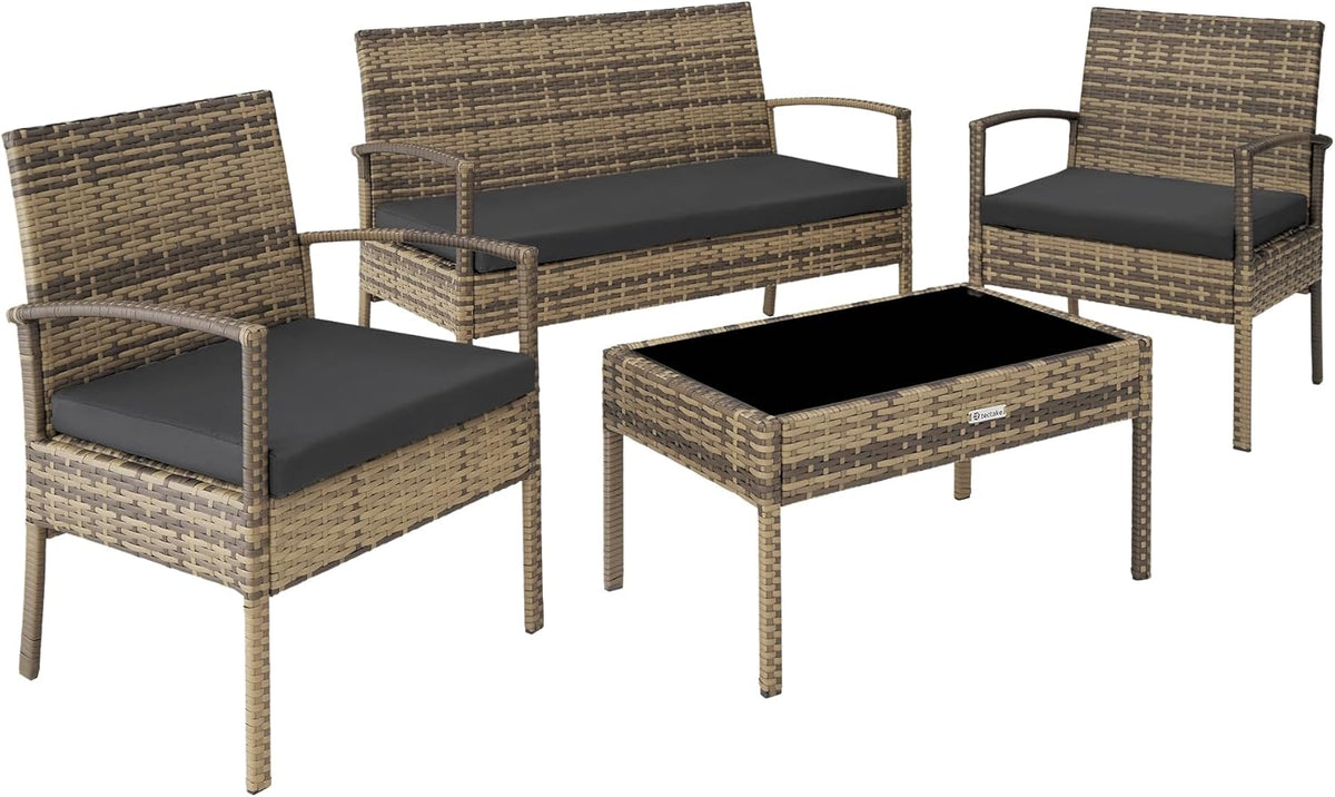 TecTake Conjunto de jardín de ratán y aluminio - 2 sillones sofá y mesa de cristal con cojines de 5,5 cm - 290 x 130 x 77 cm - Marrón elegante para terraza y exterior