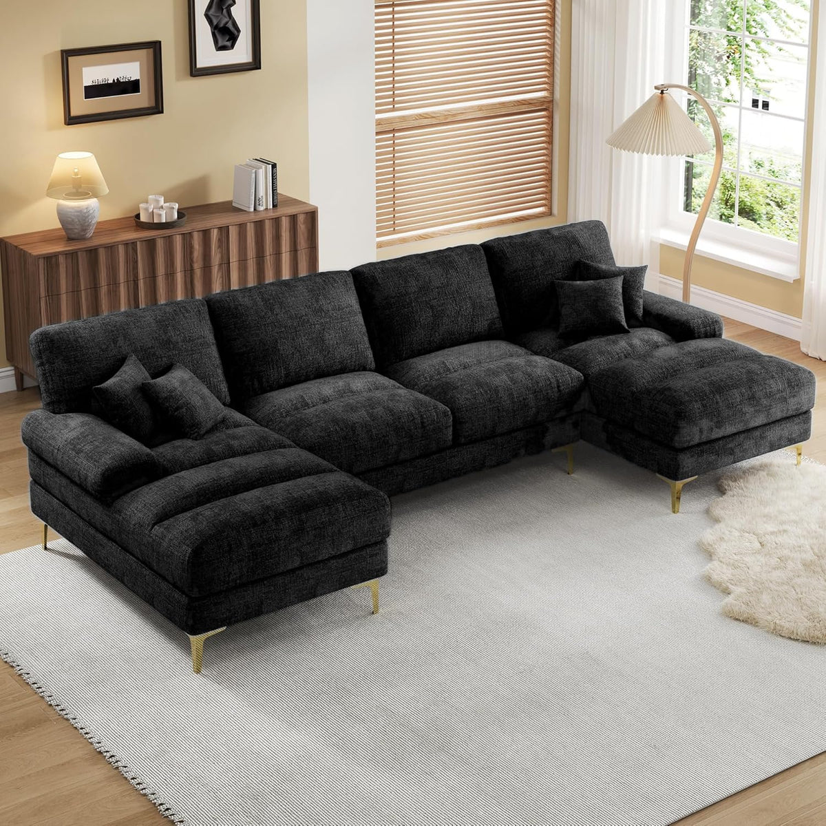 Sofá esquinero en U 4 plazas - Chenilla negra con diseño seccional moderno - Doble sillón reclinable y asiento de 51 cm - Sofá de salón de 71,1 kg para zona de descanso