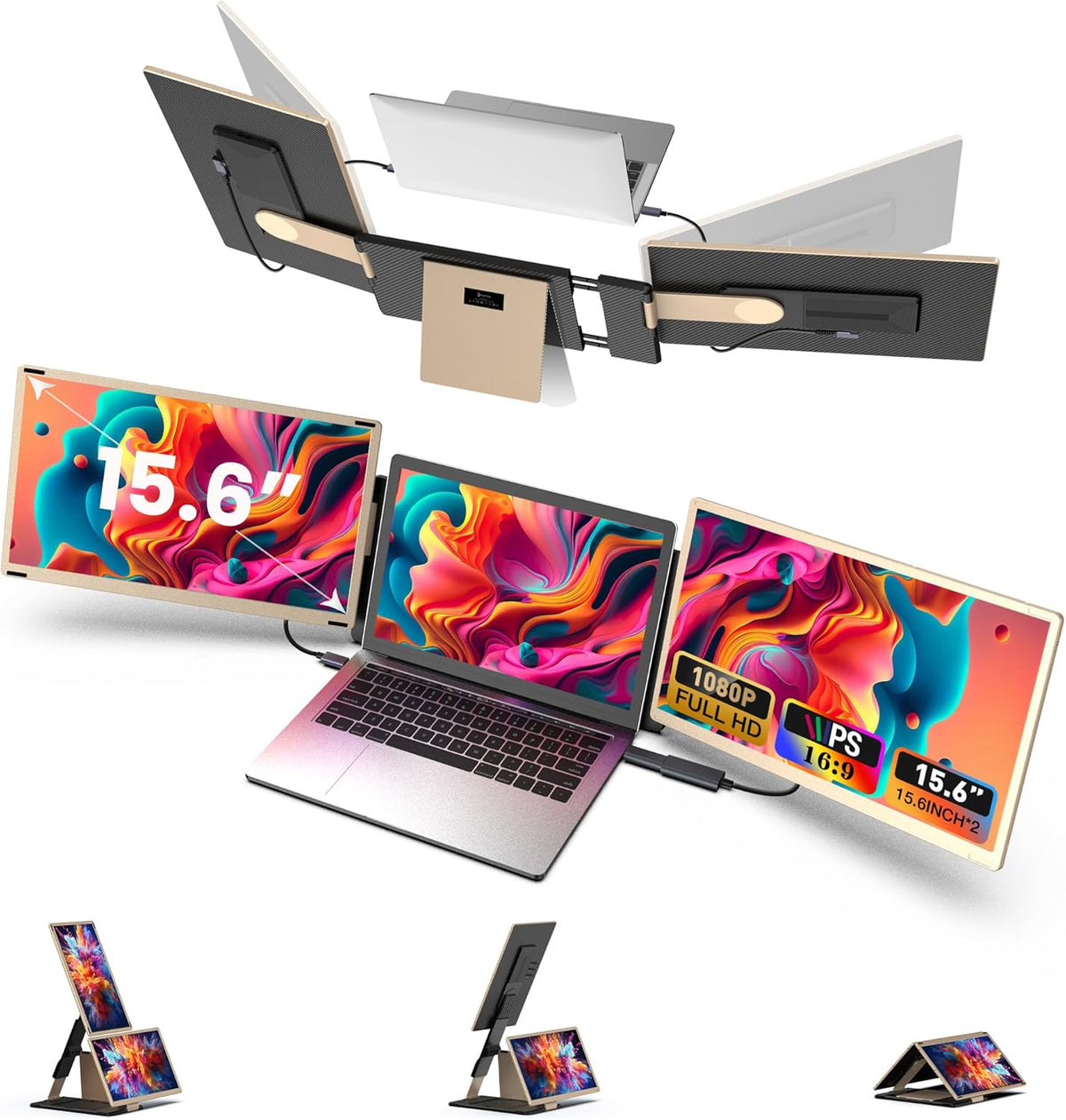 Monitor portátil triple Kwumsy H5 T de 15,6 pulgadas - pantallas Full HD 1080p - ajuste giratorio Plug and Play - USB C y HDMI para Windows Mac y PC