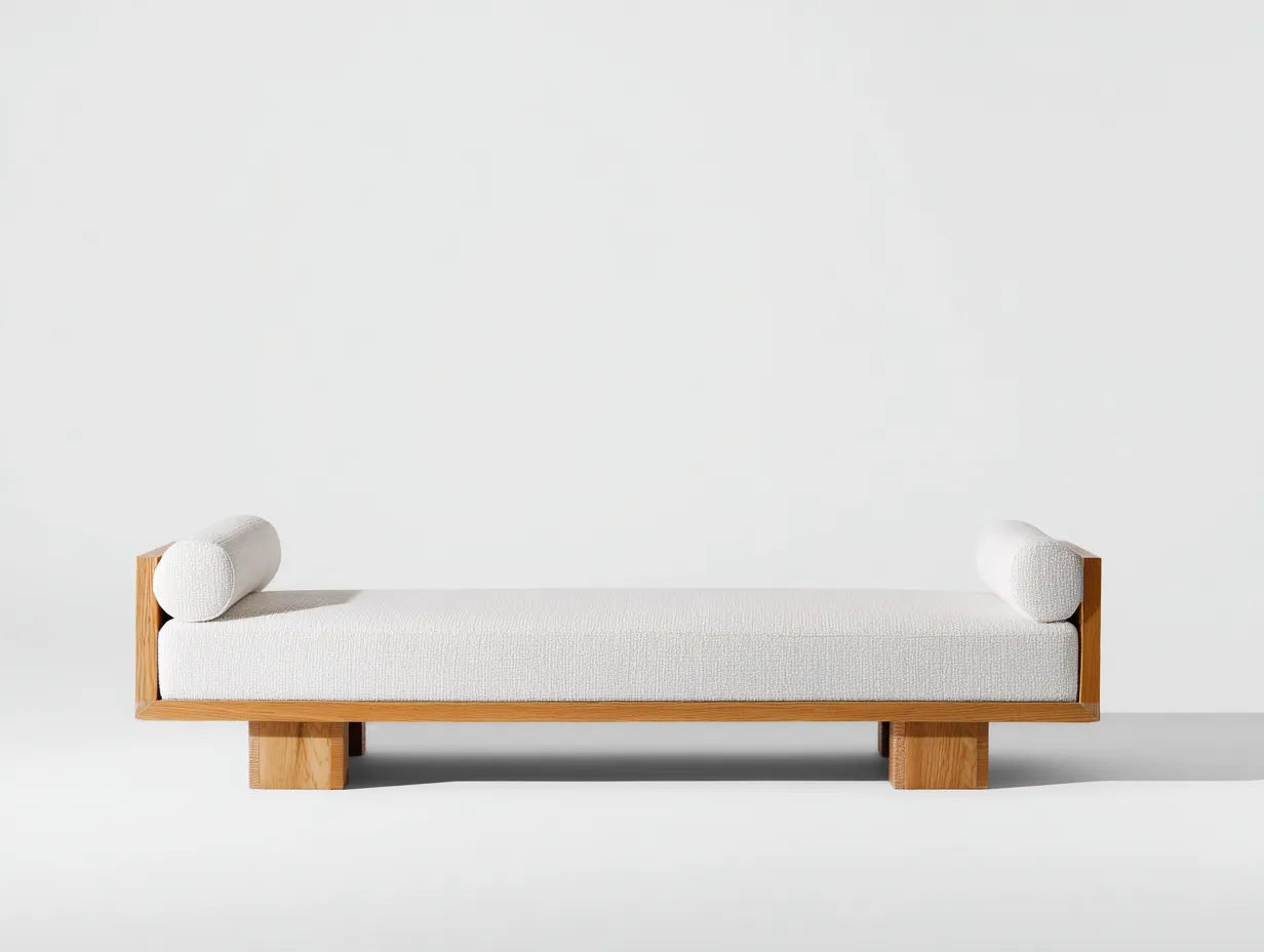 Banco diván de lino 210x82x72 cm - blanco y natural - para dormitorio con marco de madera