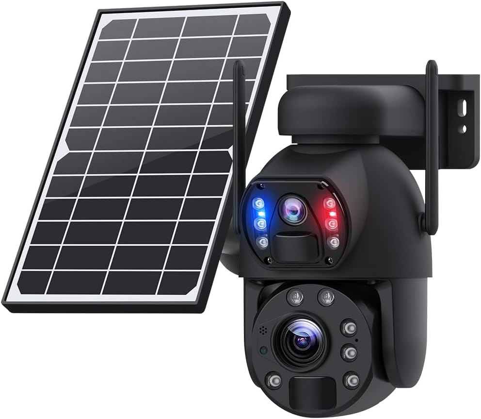 Cámara solar de seguridad de 6 MP - imagen 2K con doble lente y zoom de 20 aumentos - WiFi de 2,4 GHz y visión nocturna - audio bidireccional con almacenamiento SD y nube