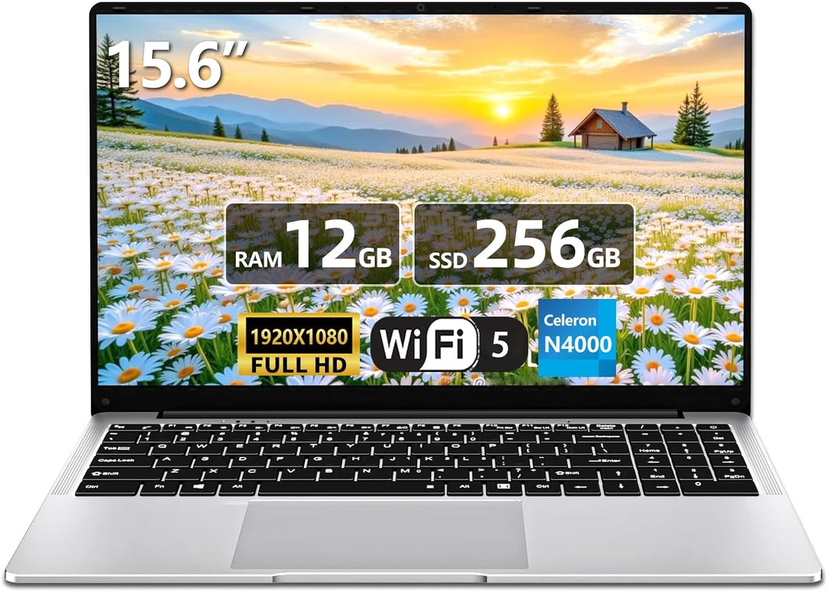 Portátil 15,6 pulgadas Full HD - Celeron N4000 hasta 2,6 GHz con 12 GB RAM y SSD de 256 GB - Pantalla IPS 1920 x 1080 con apertura 180 grados - Windows 11 Pro WiFi 5