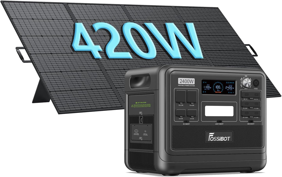 FOSSiBOT F2400 generador solar portátil - LiFePO4 de 2048 Wh y salida de 2400 W con pico de 4800 W - Paneles solares de 420 W - Carga al 80 por ciento en 1,5 horas