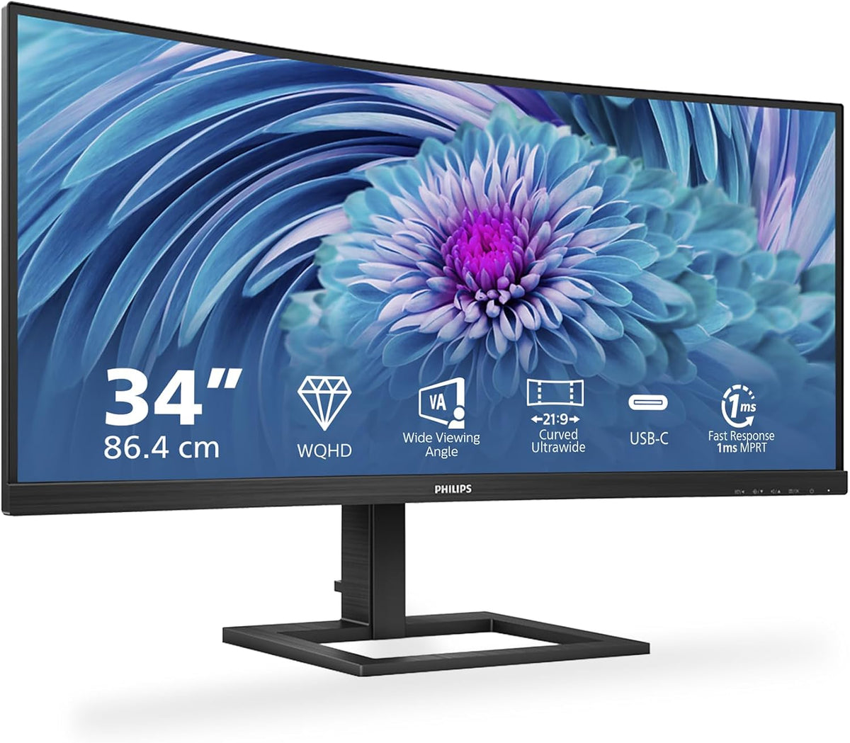 Monitor curvo Philips 346E2CUAE de 34 pulgadas - resolución Ultra WQHD 3440 x 1440 - curvatura 1500R y frecuencia de 100 Hz - Adaptive Sync HDMI y DisplayPort
