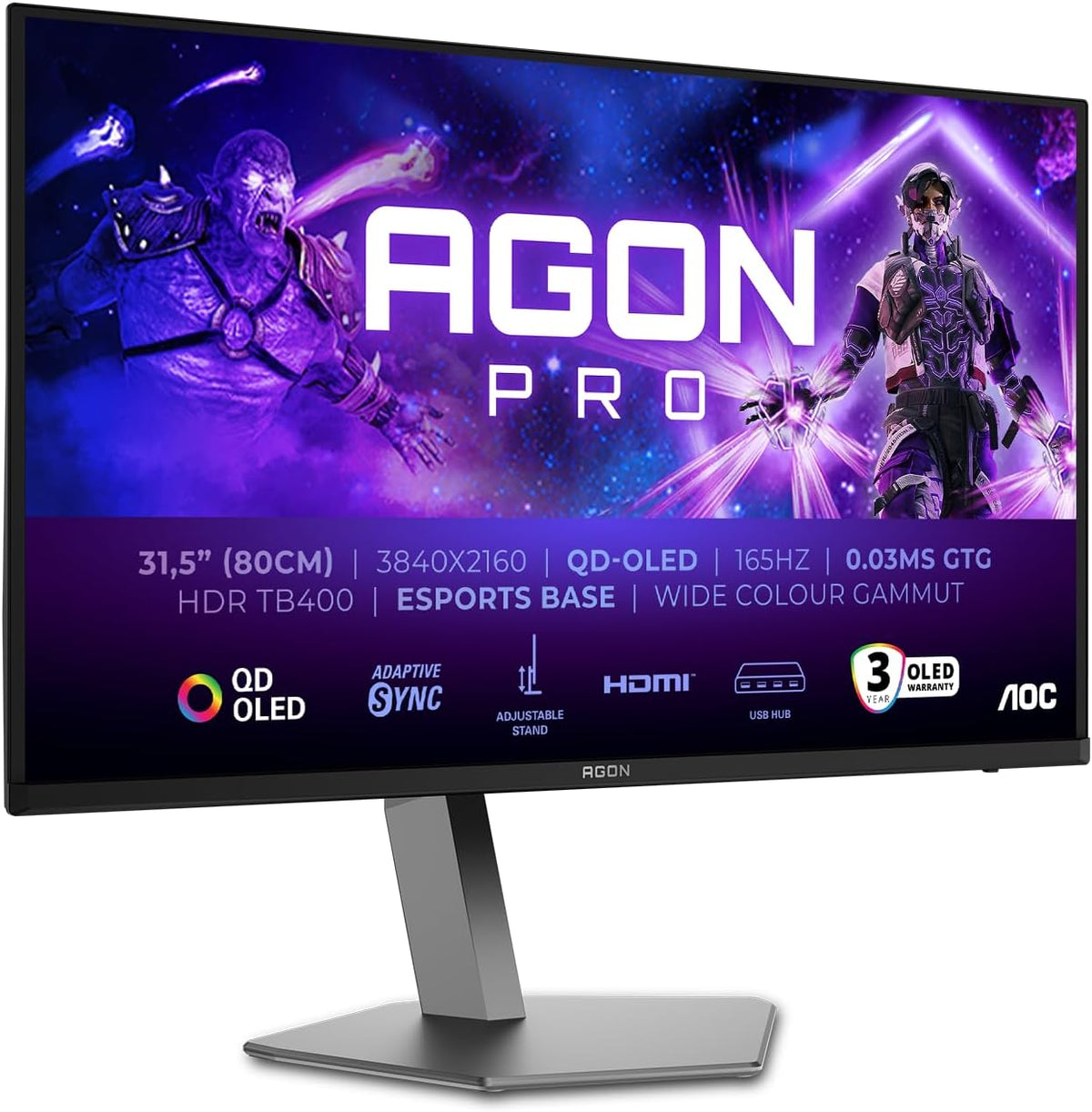 AOC AGON Pro AG326UD monitor gaming - Pantalla QD OLED 4K de 32 pulgadas y 165 Hz - Respuesta de 0.03 ms con HDR True Black 400 - HDMI 2.1 y DisplayPort