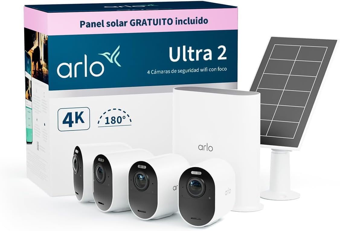 Arlo Ultra 2 kit de 4 cámaras de vigilancia - Vídeo 4K con visión nocturna en color - Batería y panel solar para exterior - WiFi con audio bidireccional